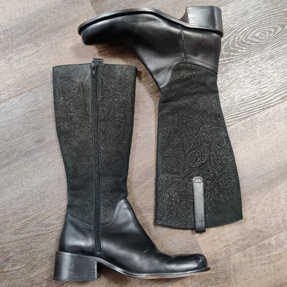 JIGSAW UK Western Zipper Boots Floral Embossed Black Suede Leather Size 38 US 7 - Picture 2 of 16